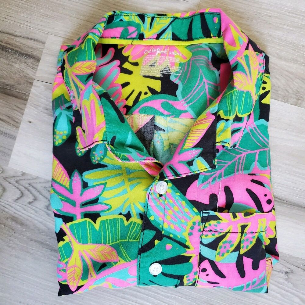 Cat & Jack Button Down Short Sleeves Girl's Shirt Psychedelic Colors Size Large